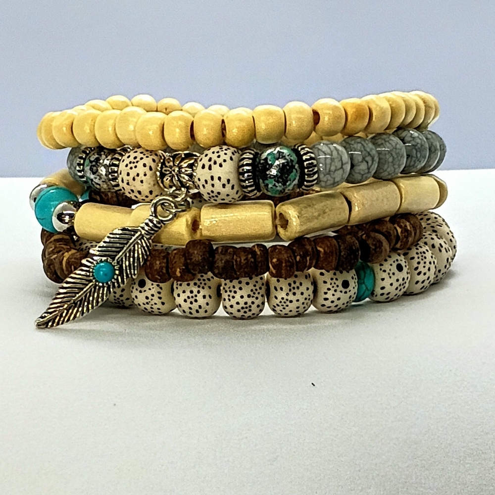 5 Unisex Stackable Wooden And Resin Beaded Boho Bracelets - Picture 3 of 4